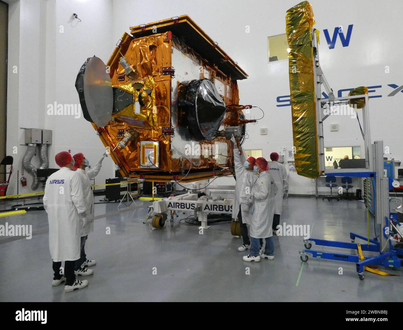 Sentinel-6 Michael Freilich team members from European Space Agency pose with the spacecraft during processing. Launch is scheduled for Nov. 11, 2020 from Vandenberg Air Force Base in California. NASA’s Launch Services Program based at Kennedy Space Center is responsible for launch management. Stock Photo