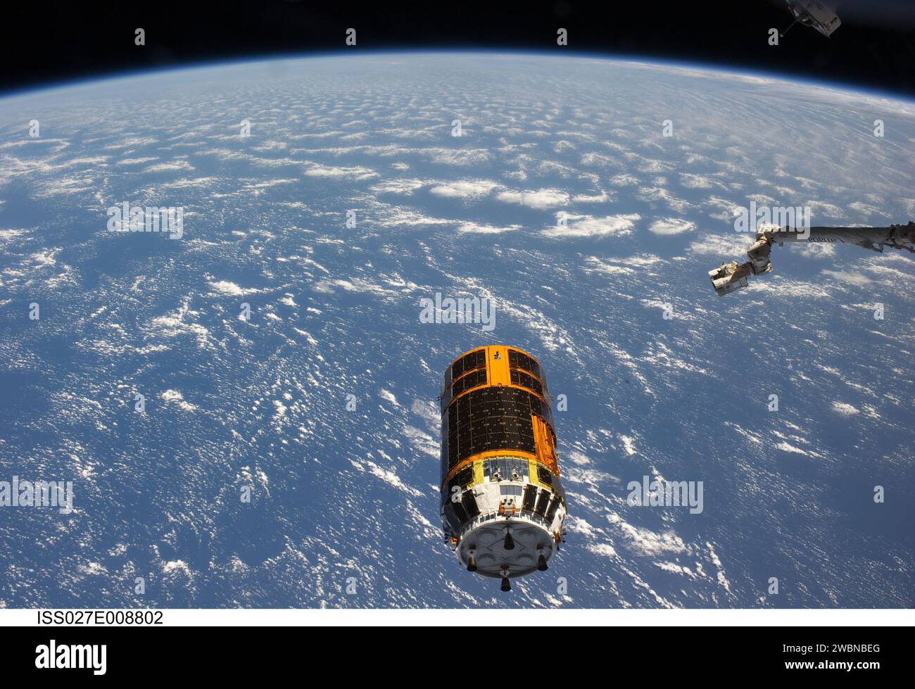 ISS027-E-008802 (28 March 2011) --- Backdropped by a blue and white part of Earth, the unpiloted Japan Aerospace Exploration Agency?s Kounotori2 H-II Transfer Vehicle (HTV2), filled with trash and unneeded items, departs from the International Space Station. NASA astronaut Cady Coleman and European Space Agency astronaut Paolo Nespoli, both Expedition 27 flight engineers, used the station?s robot arm to grapple the HTV2 and unberth it from the Earth-facing port of the Harmony node. The cargo craft was released at 11:46 a.m. (EDT) on March 28, 2011. Stock Photo