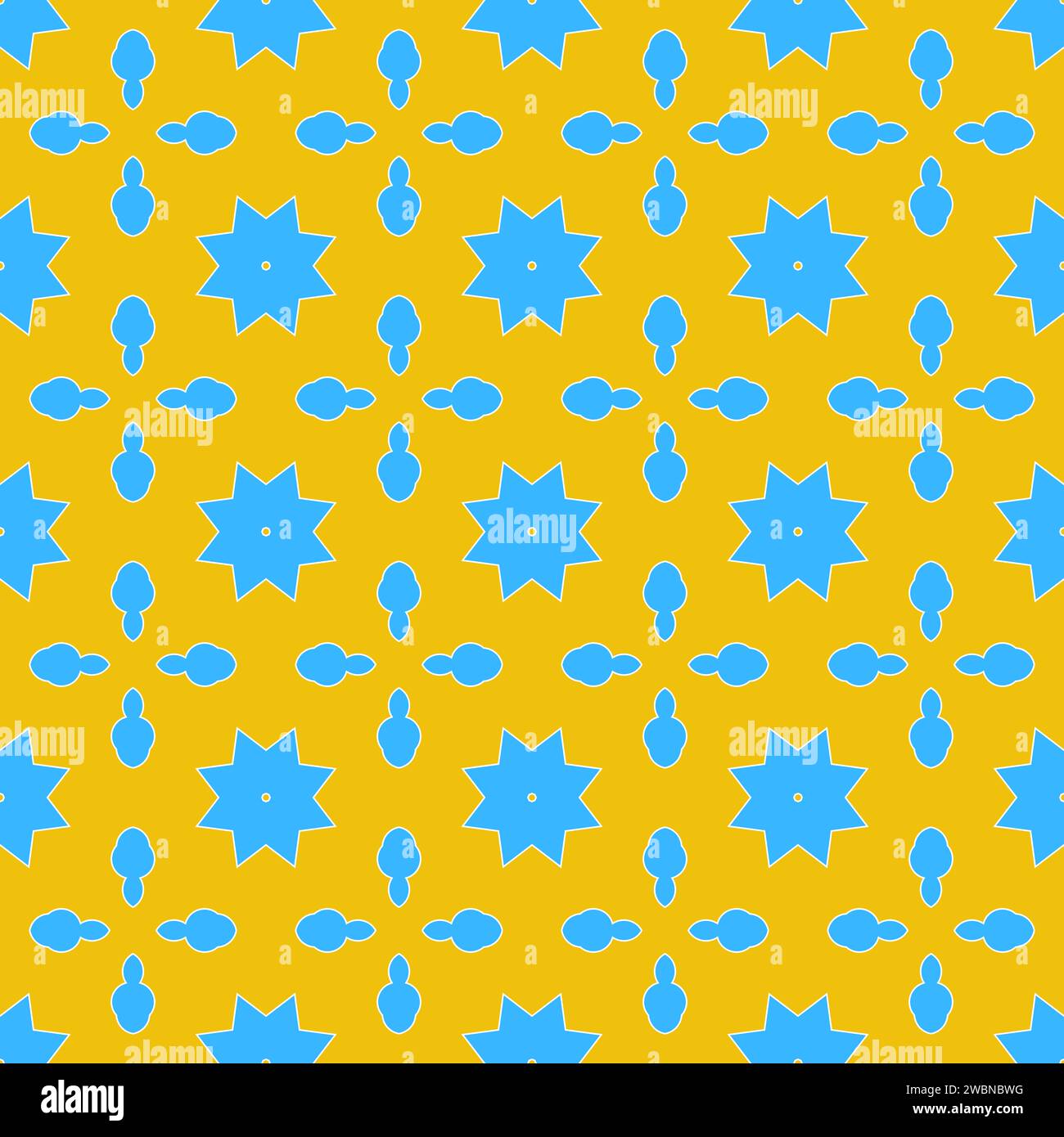 This image features a seamless repeating pattern of vibrant blue circles on a sunny yellow background Stock Photo