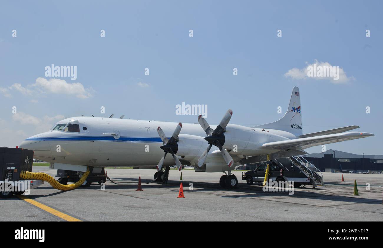A 117-foot P-3B NASA research aircraft is seen on the tarmac at Baltimore/Washington International Thurgood Marshall Airport, Tuesday, June 28, 2011, in Baltimore, Md. The aircraft is part of a month-long field campaign designed to improve satellite measurements of air pollution. The name of the experiment -- Deriving Information on Surface conditions from Column and Vertically Resolved Observations Relevant to Air Quality (DISCOVER -- AQ) -- is a mouthful, but its purpose is simple. Come July, the aircraft will be flying spirals over six ground stations in Maryland. Stock Photo