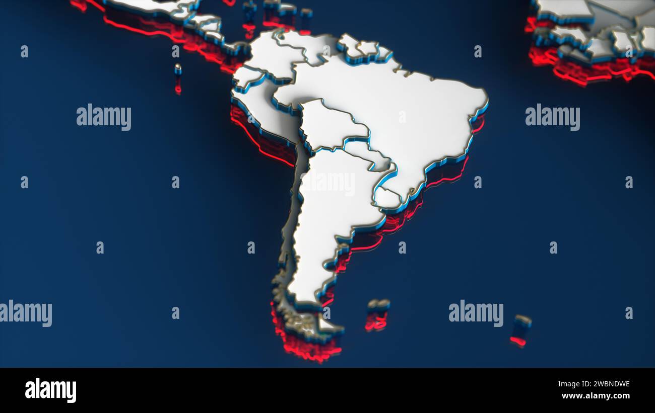 White World Map with South America Continent, Gold Borders and Red Outline on Blue Background. 3D Render Illustration. Stock Photo