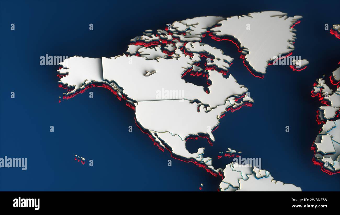 White World Map with North America Continent, Gold Borders and Red Outline on Blue Background. 3D Render Illustration. Stock Photo