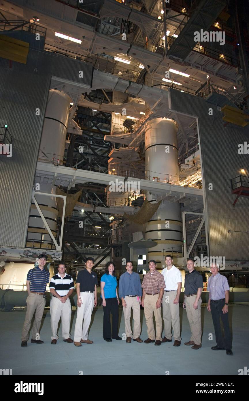CAPE CANAVERAL, Fla. --- At NASA's Kennedy Space Center in Florida, members of the Class of 2009 Astronaut Candidates, also called ASCANs, take a picture in a high bay of the Vehicle Assembly Building. From left, are JAXA's Kimiya Yui, NASA's Navy Cmdr. Scott D. Tingle, JAXA's Takuya Onishi, NASA's Serena M. Aunon, NASA Test Director Michael Ciannilli, NASA's Air Force Lt. Col. Michael S. Hopkins, CSA's Jeremy Hansen, NASA's Air Force Maj. Jack D. Fischer, and Chief of the Astronaut Candidate Program Duane Ross. Stock Photo