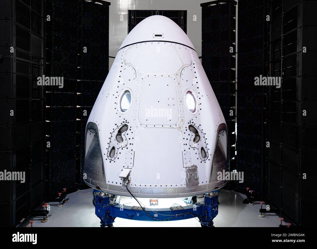 The SpaceX Crew Dragon spacecraft for its first crew launch from American soil arrived at the launch site on Feb. 13, 2020. NASA and SpaceX are preparing for the company’s first flight test with astronauts to the International Space Station as part of the agency’s Commercial Crew Program. The SpaceX Crew Dragon will launch atop a Falcon 9 rocket with NASA astronauts Bob Behnken and Doug Hurley from historic Launch Complex 39A from NASA’s Kennedy Space Center in Florida. The team completed acoustic testing of the spacecraft as part of its final testing and prelaunch processing in a SpaceX facil Stock Photo