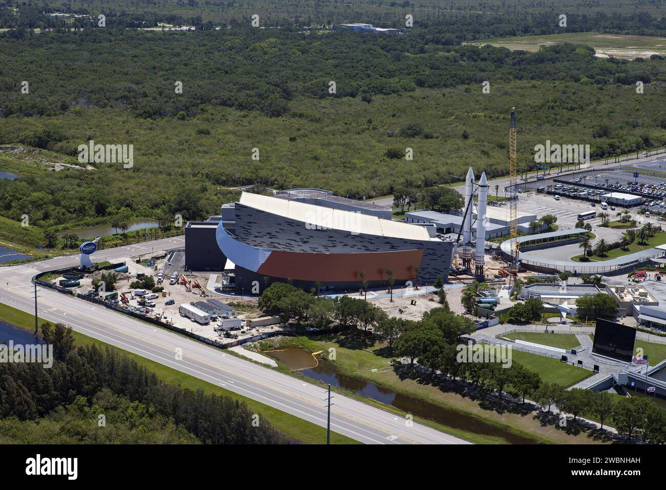 An aerial view shows replica solid rocket boosters at Kennedy Space ...