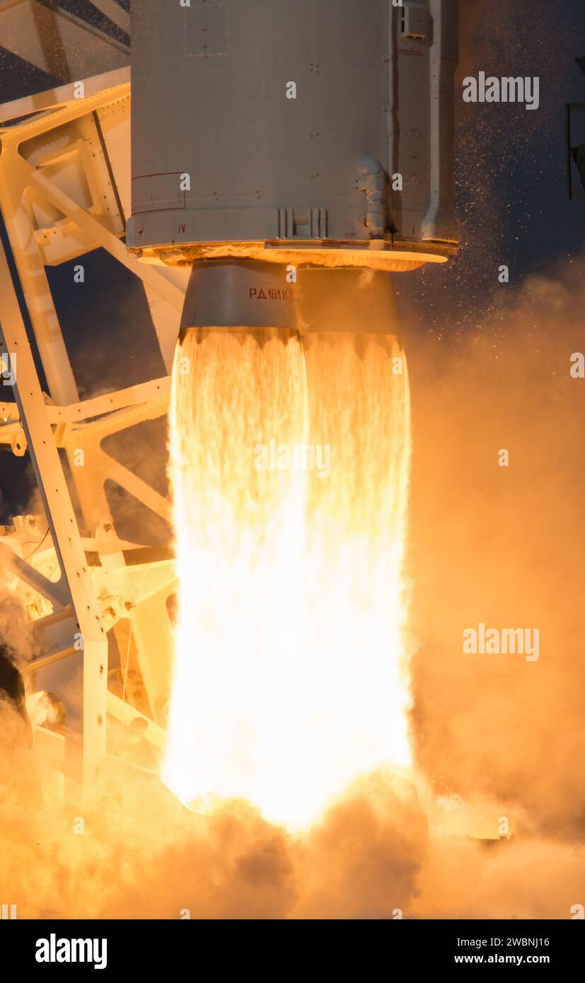 The Northrop Grumman Antares rocket, with Cygnus resupply spacecraft onboard, launches from Pad-0A, Saturday, Feb. 15, 2020 at NASA's Wallops Flight Facility in Virginia. Northrop Grumman's 13th contracted cargo resupply mission for NASA to the International Space Station will deliver more than 7,500 pounds of science and research, crew supplies and vehicle hardware to the orbital laboratory and its crew. Stock Photo