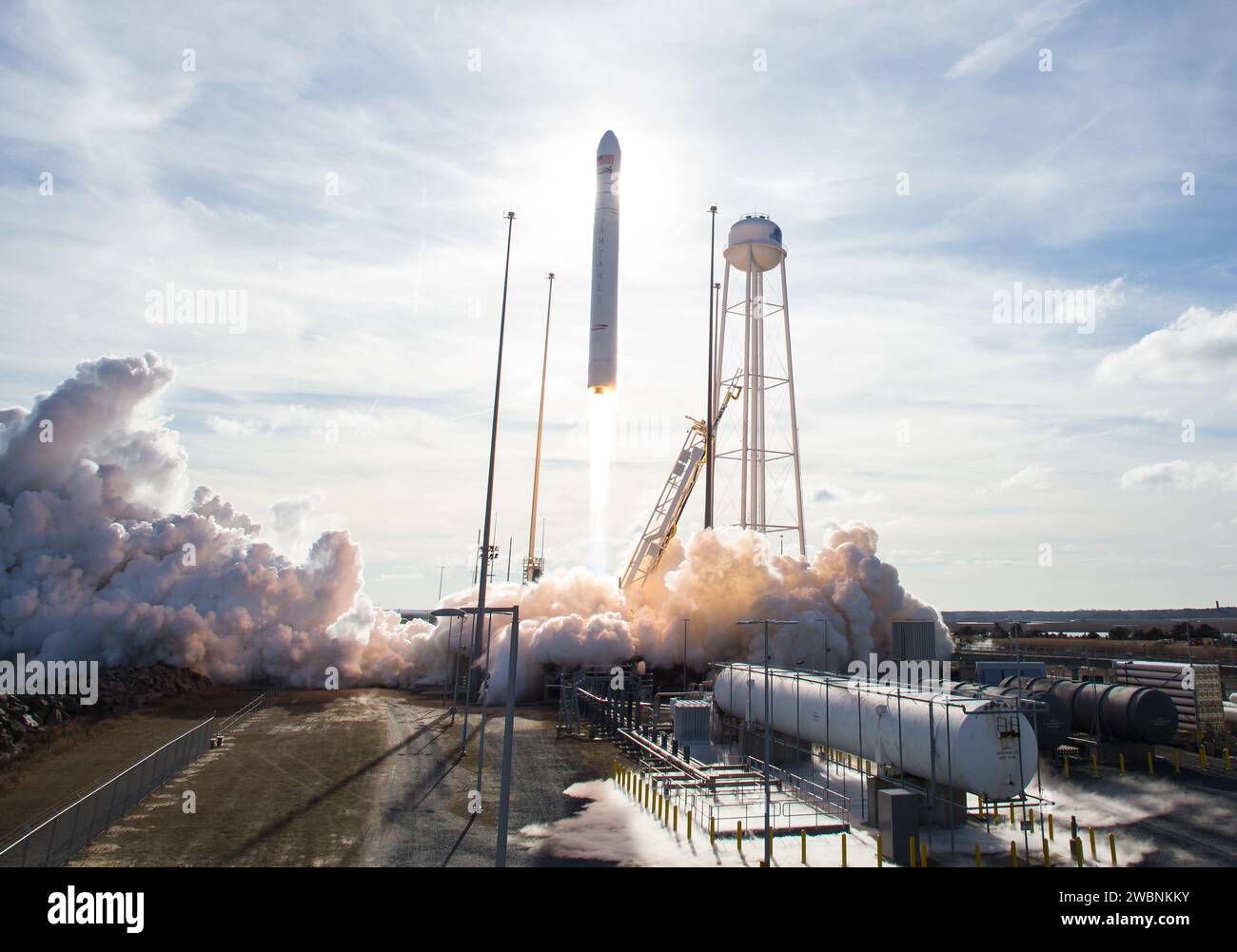 The Northrop Grumman Antares rocket, with Cygnus resupply spacecraft onboard, launches from Pad-0A, Saturday, Feb. 15, 2020 at NASA's Wallops Flight Facility in Virginia. Northrop Grumman's 13th contracted cargo resupply mission for NASA to the International Space Station will deliver more than 7,500 pounds of science and research, crew supplies and vehicle hardware to the orbital laboratory and its crew. Stock Photo