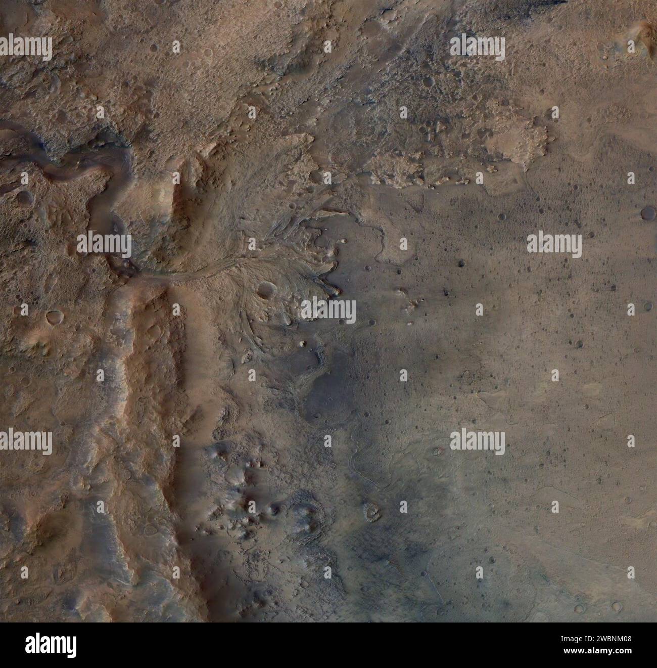 This image shows the remains of an ancient delta in Mars' Jezero Crater, which NASA's Perseverance Mars rover will explore for signs of fossilized microbial life. The image was taken by the High Resolution Stereo Camera aboard the ESA (European Space Agency) Mars Express orbiter. The European Space Operations Centre in Darmstadt, Germany, operates the ESA mission. The High Resolution Stereo Camera was developed by a group with leadership at the Freie Universitat Berlin. Stock Photo