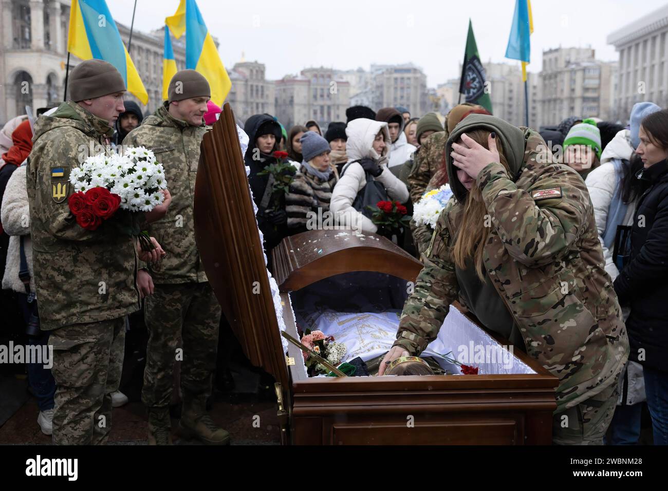 Kyiv Ukraine 11th Jan 2024 EDITOR S NOTE Image Depicts Death   Kyiv Ukraine 11th Jan 2024 Editors Note Image Depicts Death Relatives And Comrades Pay Their Last Respects During The Funeral Ceremony For Ukrainian Serviceman Maksym Kryvtsov At Independence Square Maksym Kryvtsov Was Killed During The Fighting With Russian Troops In Kharkiv Region On January 7 2024 He Was A Well Known Poet Public Figure And Soldier Photo By Oleksii Chumachenkosopa Imagesipa Usa Credit Sipa Usaalamy Live News 2WBNM28 