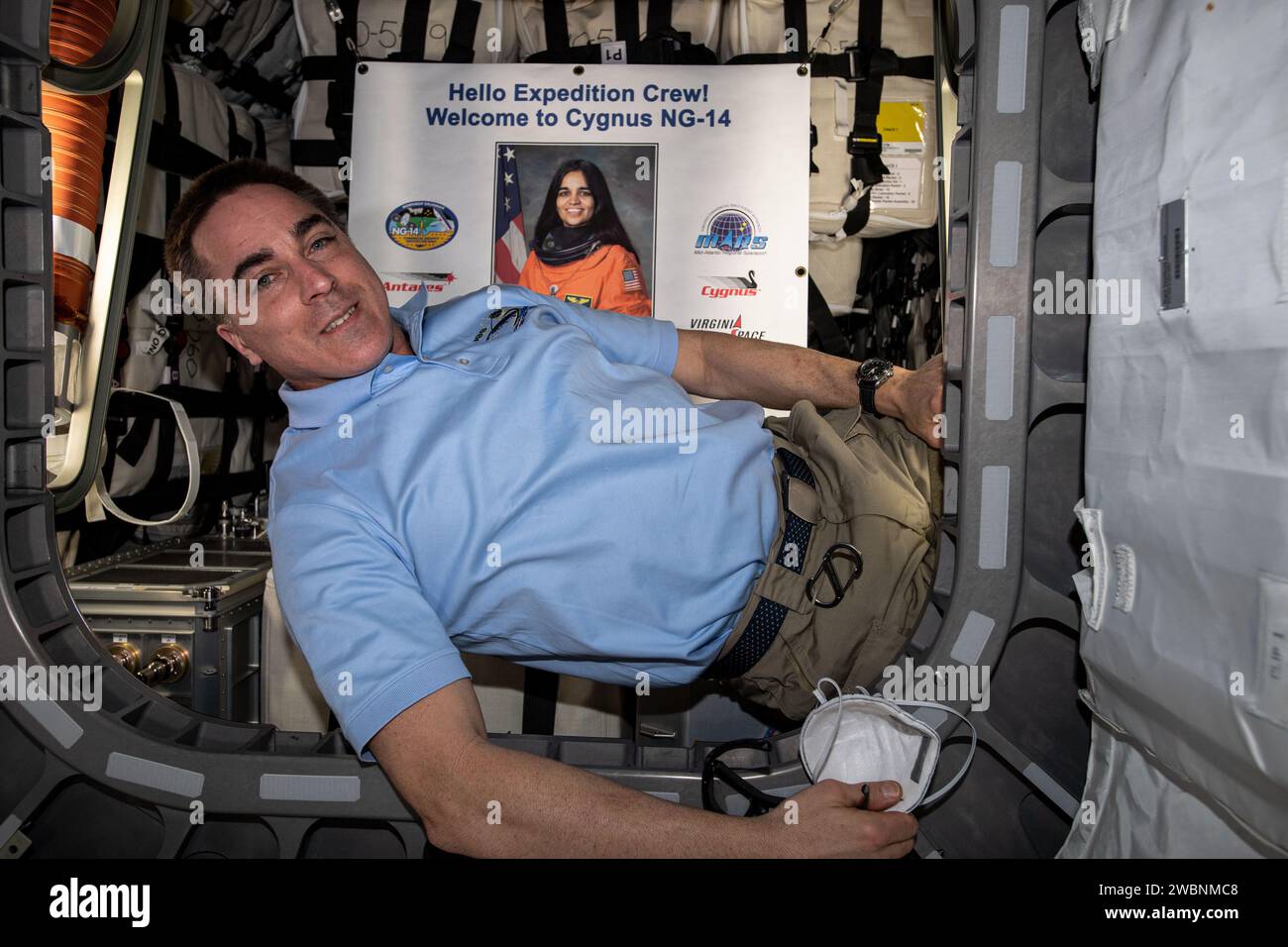 iss063e103888 (Oct. 5, 2020) --- NASA astronaut and Expedition 63 Commander Chris Cassidy is pictured inside the Northrop Grumman Cygnus space freighter named the S.S. Kalpana Chawla after the first female astronaut of Indian descent who also perished on the ill-fated STS-107 mission aboard Space Shuttle Columbia. Stock Photo