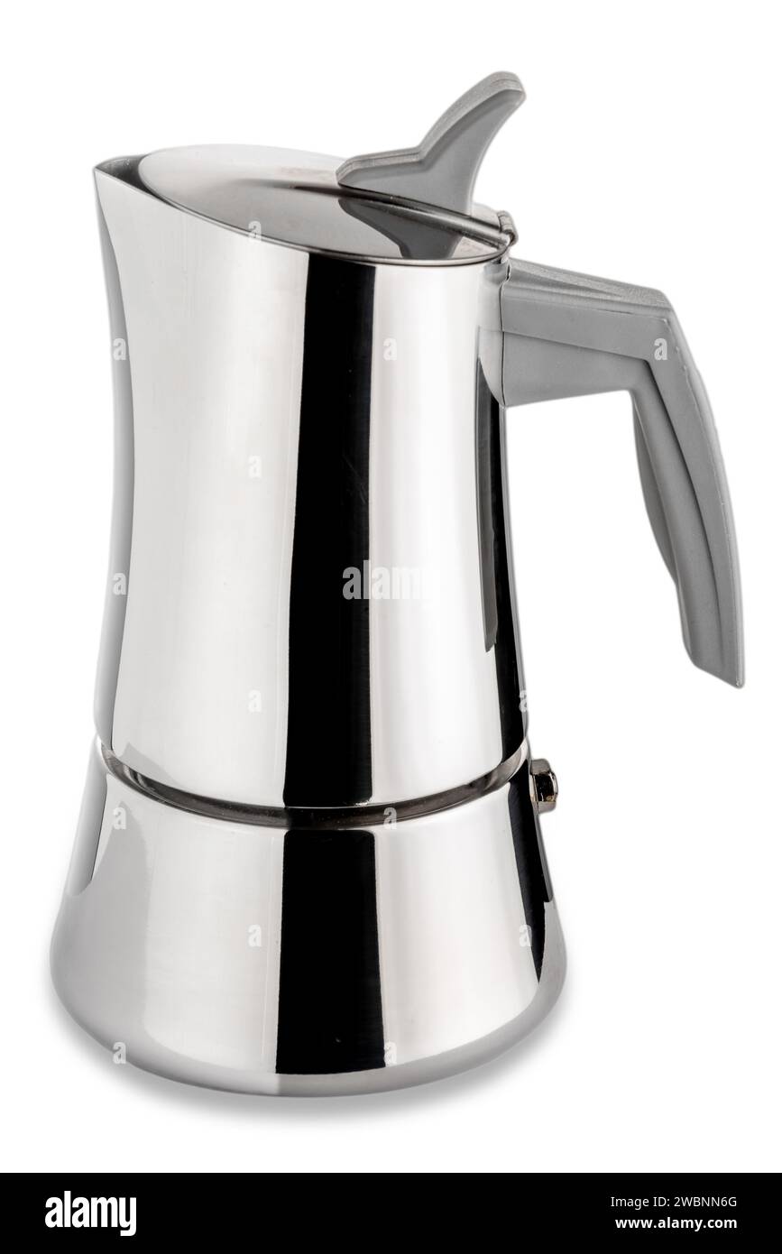 Modern style stainless steel moka pot isolated on white with clipping