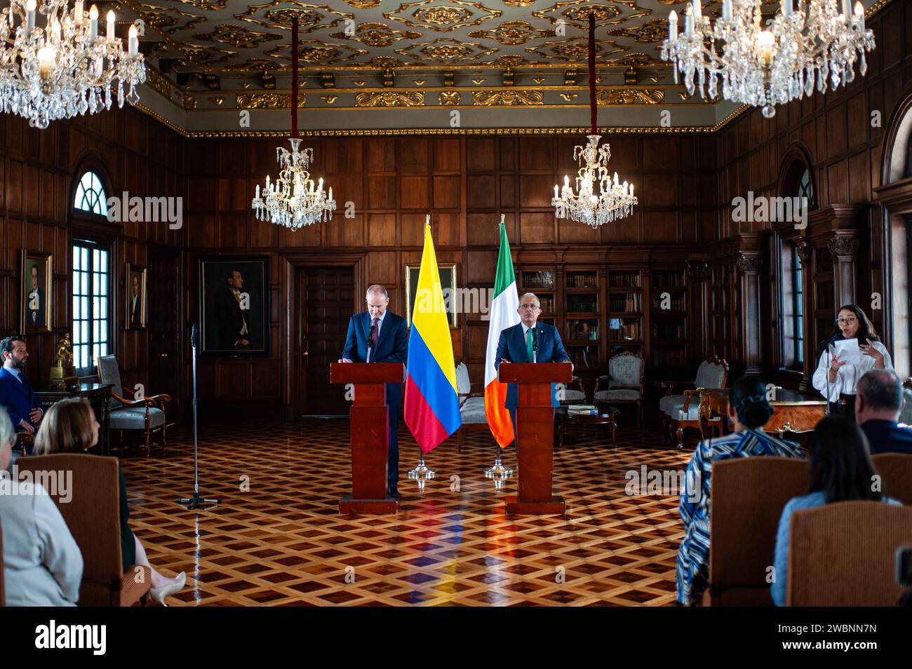 Ireland's Deputy Prime Minister and Minister of Foreign Affairs and Defense, Micheal Martin (L) and Colombia's vice-chancellor Francisco Coy (R), during a press conference at Bogota's San Carlos Palace on January 11, 2023. The deputy prime minister visited Colombia after marking 25 years of diplomatic ties between Colombia and Ireland, the deputy prime minister expressed support for President Gustavo Petro's peace process, and speaked about the israel-hamas war and the escalation of violence in Ecuador. Photo by: Sebastian Barros/Long Visual Press Stock Photo
