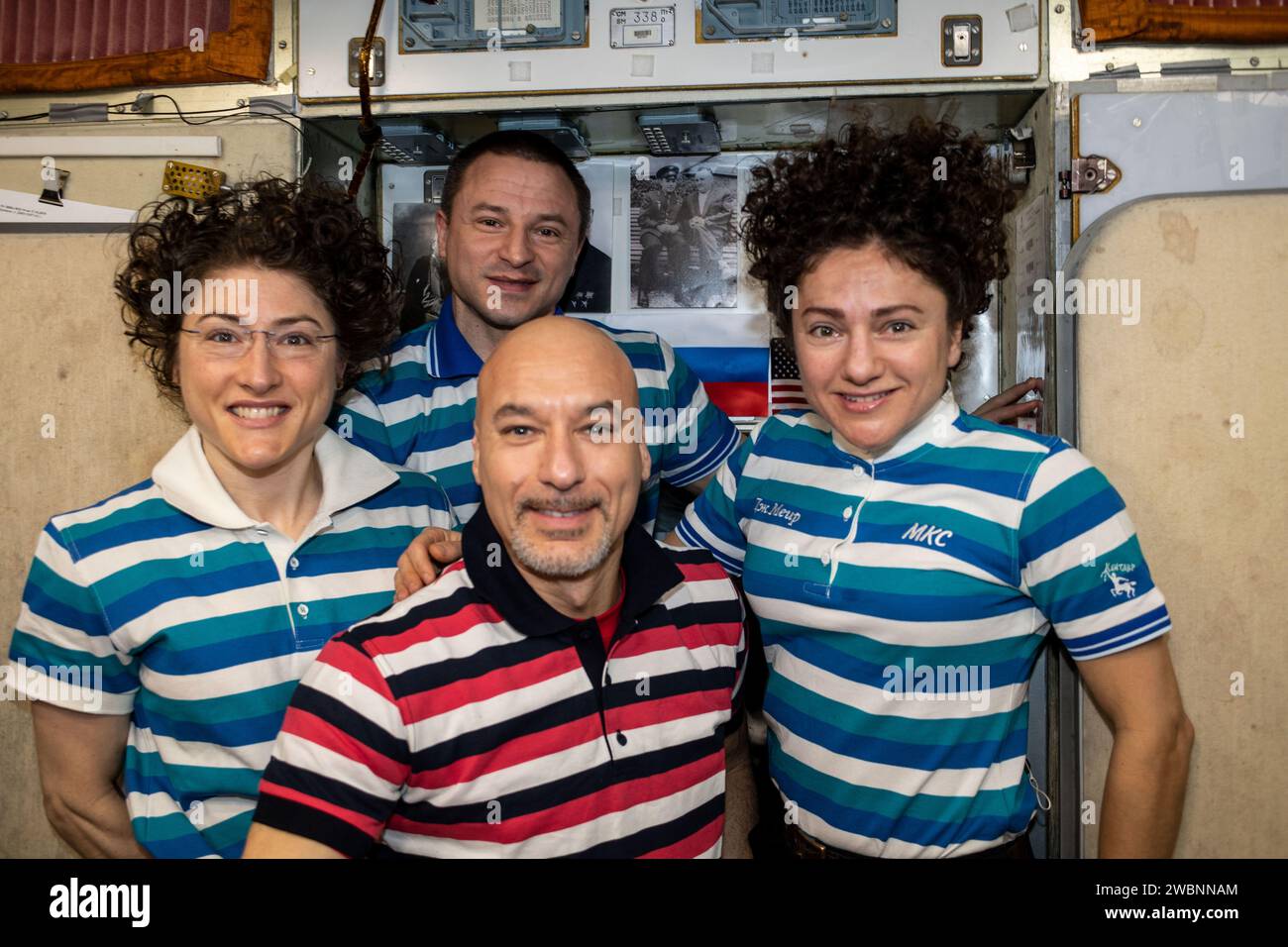 iss061e150072 (Jan. 31, 2020) --- Clockwise from left are, NASA astronauts Christina Koch, Andrew Morgan and Jessica Meir and ESA (European Space Agency) astronaut Luca Parmitano. Parmitano is the Expedition 61 Commander leading Flight Engineers Koch, Morgan and Meir aboard the International Space Station. Stock Photo