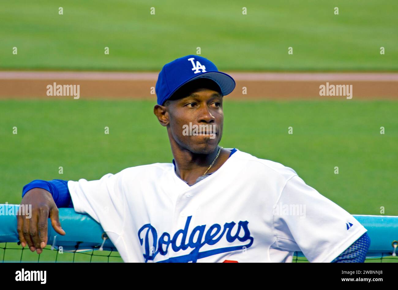 Juan Pierre in the dugout with the Los Angeles Dodgers during a game at Dodger Stadium, Los Angeles, California, USA Stock Photo