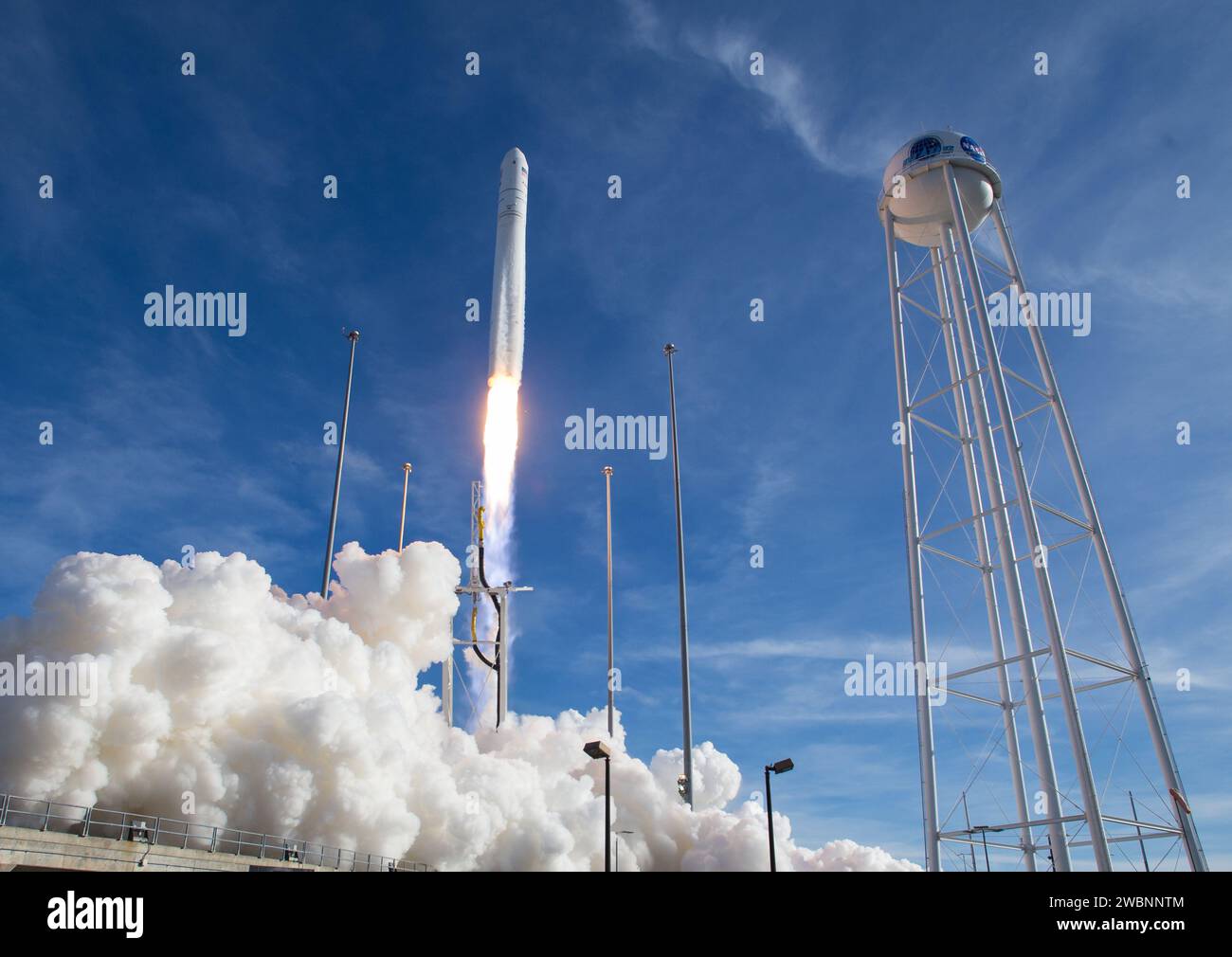 The Northrop Grumman Antares rocket, with Cygnus resupply spacecraft onboard, launches from Pad-0A, Saturday, Feb. 15, 2020 at NASA's Wallops Flight Facility in Virginia. Northrop Grumman's 13th contracted cargo resupply mission for NASA to the International Space Station will deliver more than 7,500 pounds of science and research, crew supplies and vehicle hardware to the orbital laboratory and its crew. Stock Photo