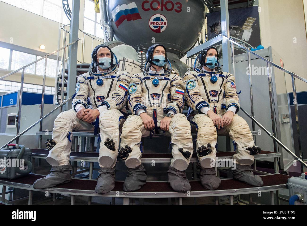 Expedition 64 crew members Russian cosmonaut Sergey Kud-Sverchkov of Roscosmos, left, Russian cosmonaut Sergey Ryzhikov of Roscosmos, center, and NASA astronaut Kate Rubins, pose for a photo during Soyuz qualification exams, Wednesday, Sept. 23, 2020 at the Gagarin Cosmonaut Training Center (GCTC) in Star City, Russia, in advance of their scheduled launch October 14 from Baikonur Cosmodrome in Kazakhstan to the International Space Station. Stock Photo