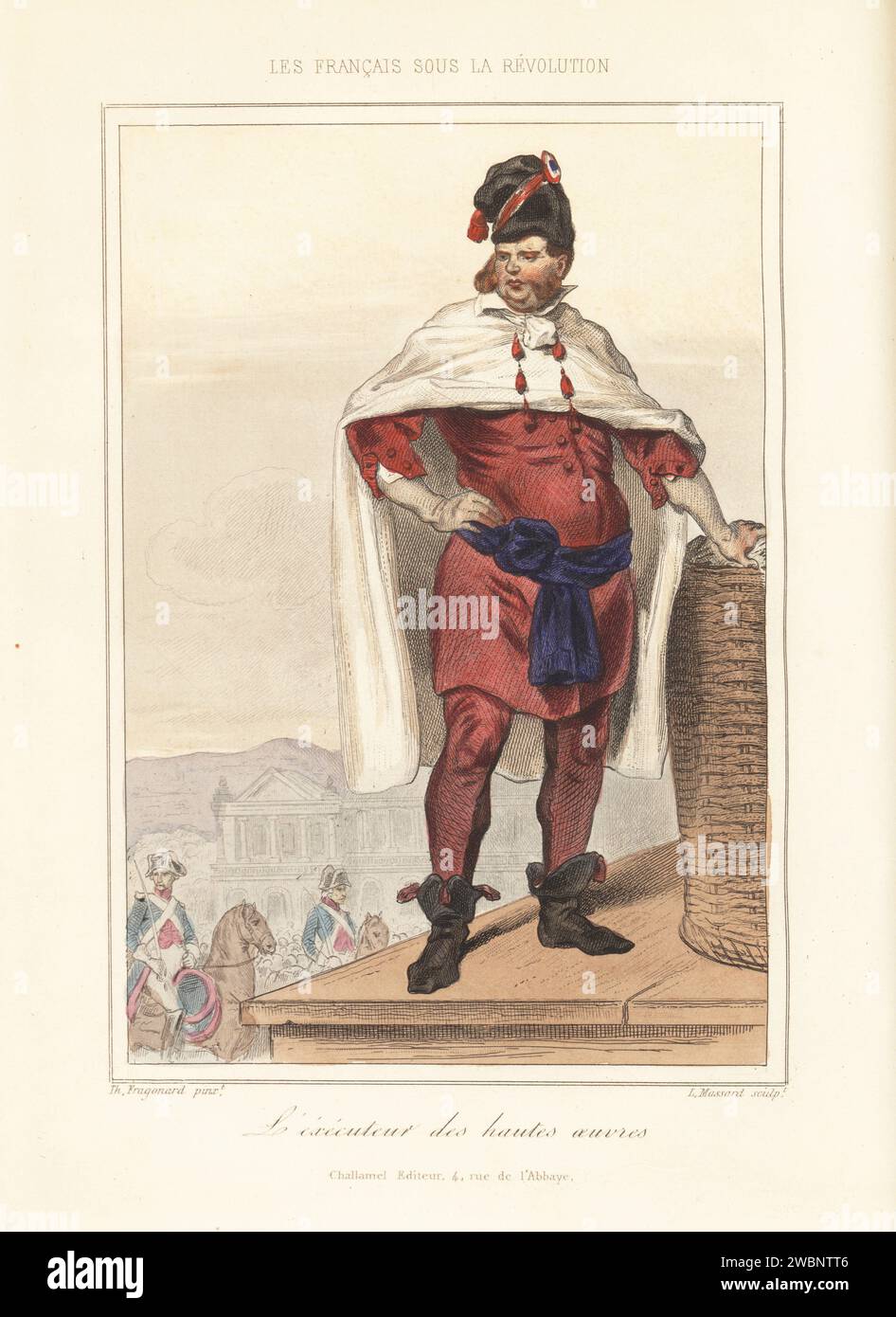 Charles-Henri Sanson, executioner or bourreau during the reign of King Louis XVI and the Reign of Terror, 1739-1806. Standing next to a basket on the scaffold. In hat with tricolor cockade, white cape and red coat and hose, blue sash. L'executeur des hautes oeuvres. Handcoloured steel engraving by Leopold Massard after an illustration by Theophile Fragonard from Augustin Challamel and Wilhelm Tenint’s Les Francais sous la Revolution, The French under the Revolution, Challamel, Paris, 1843. Stock Photo