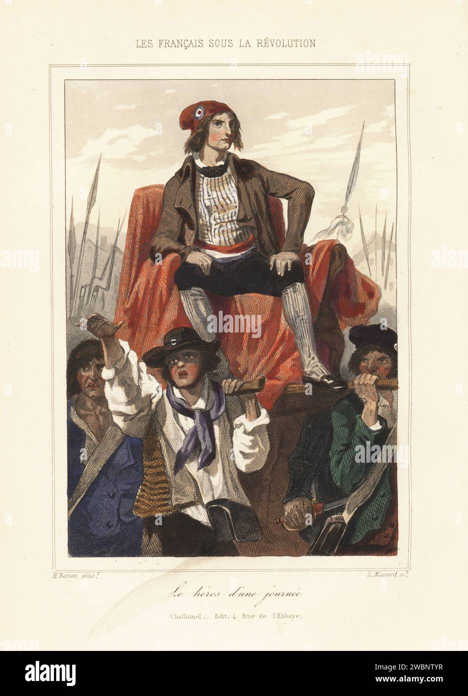 Hero of the day during the French Revolution. A man in Phrygian cap with tricolor cockade is carried on a chair by a mob of armed revolutionaries. Perhaps Camille Desmoulins at the storming of the Bastille. Le heros d'une journee, ou l'homme populaire. Handcoloured steel engraving by Leopold Massard after an illustration by Henri Baron from Augustin Challamel and Wilhelm Tenint’s Les Francais sous la Revolution, The French under the Revolution, Challamel, Paris, 1843. Stock Photo