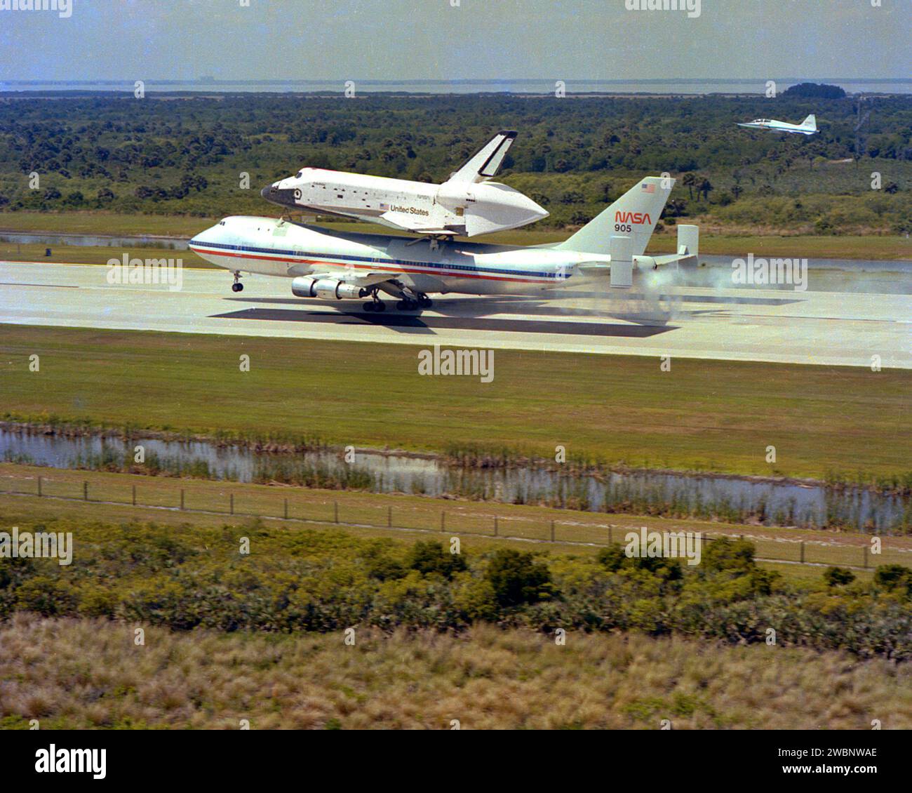 KENNEDY SPACE CENTER, FLA. - Shuttle orbiter Columbia aboard a 747 Shuttle Carrier Aircraft arrrives at KSC after the first successful space flight. Stock Photo