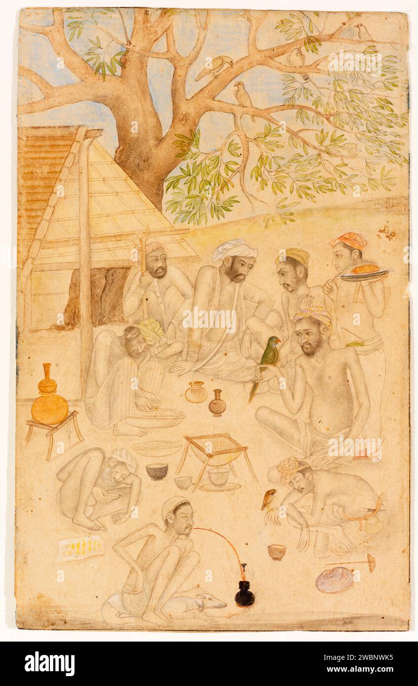 Sadhus relaxing in their rural retreat smoking opium (bottom) and drinking bhang (cannabis-infused drink being strained centre) to aid them in their spiritual journey. Creator unknown, ink drawing on paper made in India circa 1665. Credit: Contraband Collection / RISD Museum Stock Photo