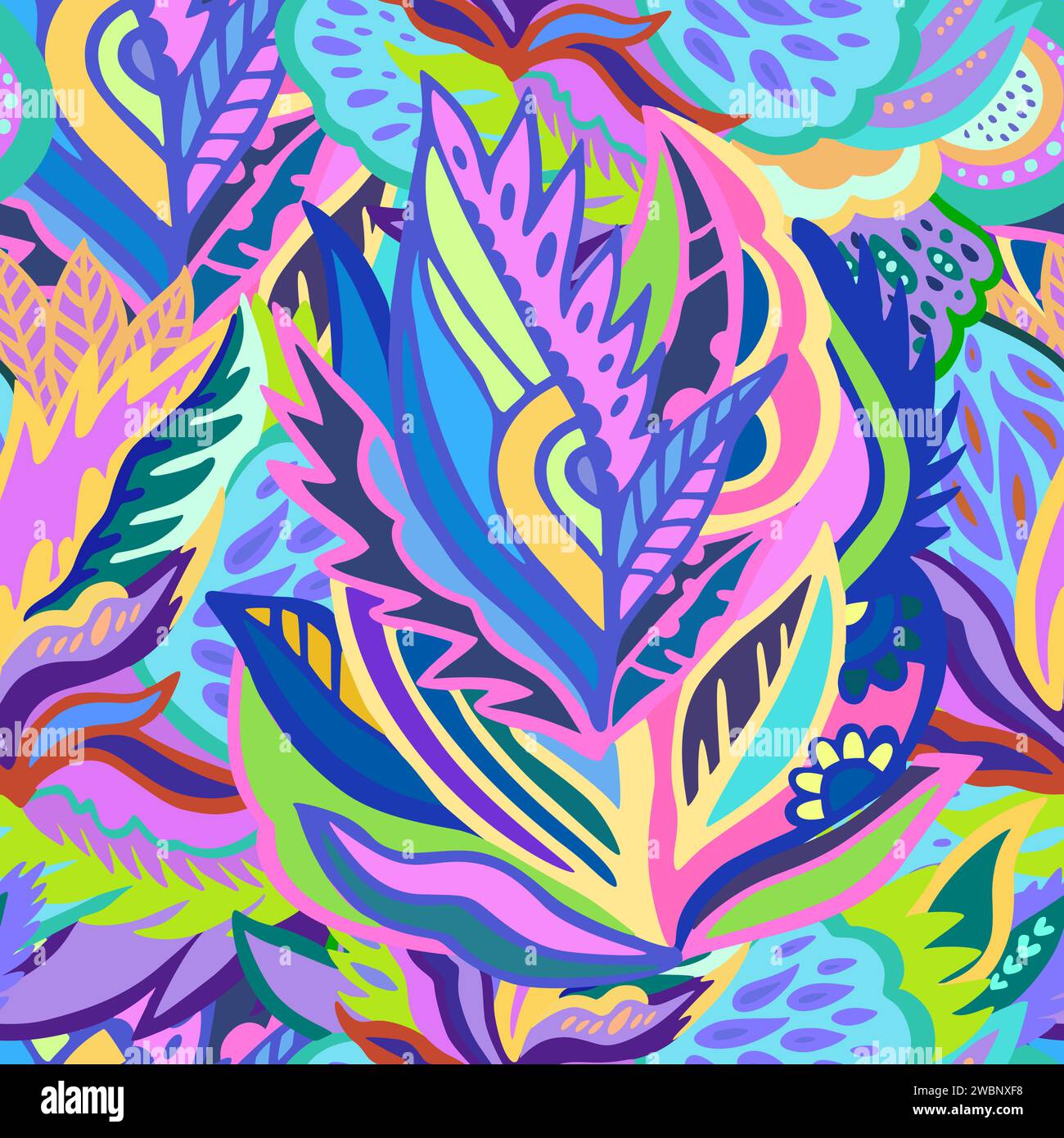 Colorful seamless pattern with chaotic floral and psychedelic abstract elements. Vector illustration. Stock Vector