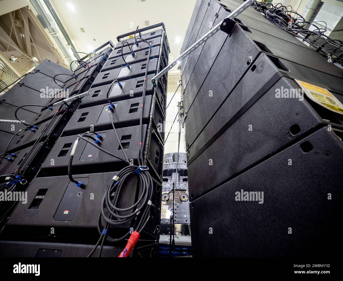 The Orion crew module for Artemis I, shown here on May 2, 2019, recently underwent Direct Field Acoustics Test (DFAT) where it was exposed to maximum acoustics levels that the vehicle will experience in space. Spacecraft response and sound pressure data were collected with microphones, strain gauges and accelerometers. The max decibel level was -12dB. Stock Photo