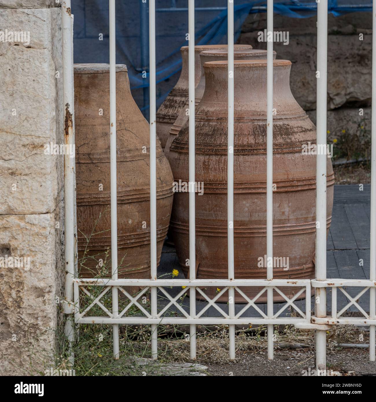 View of pottery behind a gate in Athens, Greece Stock Photo