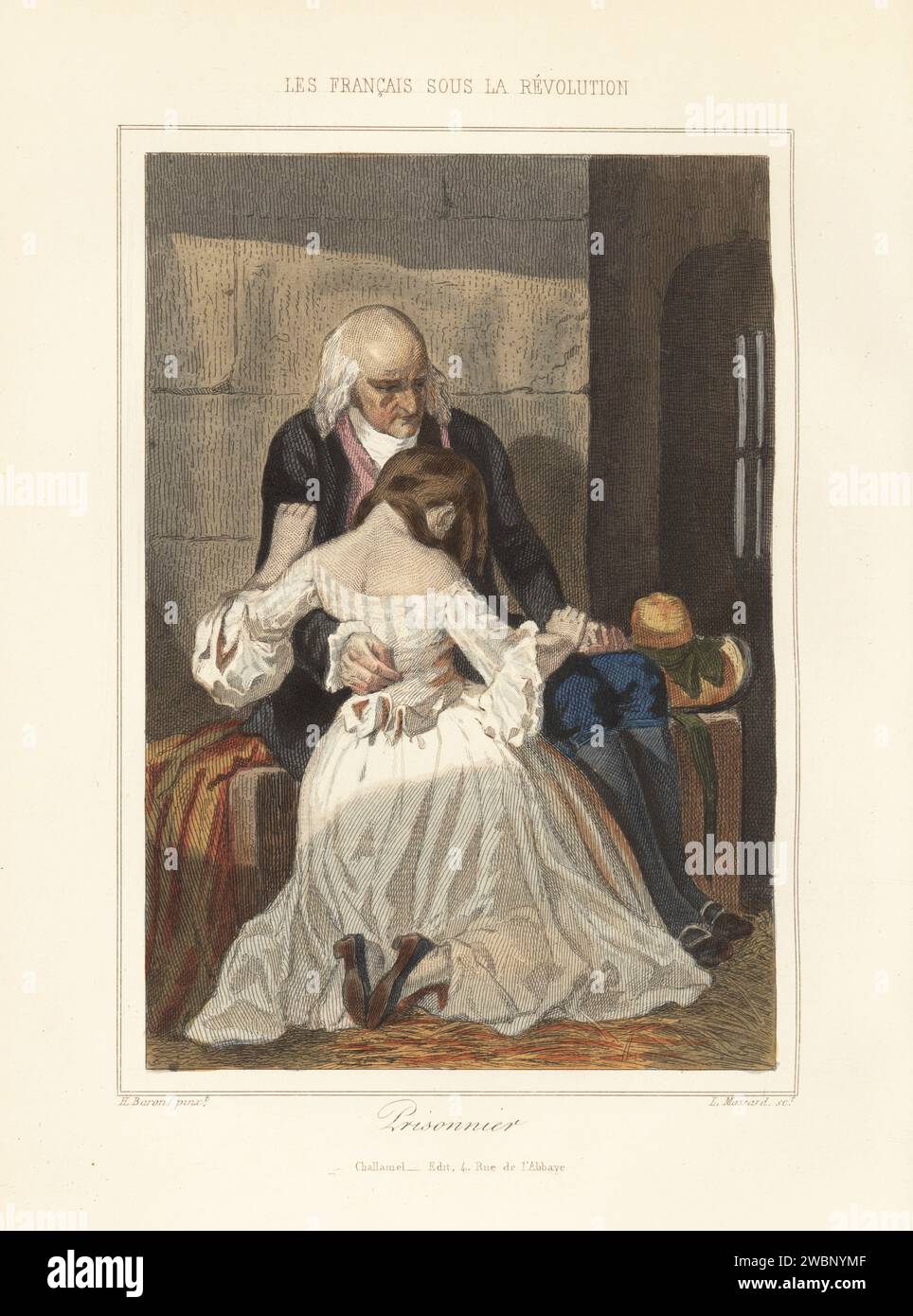 Prisoner with a visitor before his execution. A young girl kneels weeping before an old man seated on a bench in a prison cell. Prisonnier. Handcoloured steel engraving by Leopold Massard after an illustration by Henri Baron from Augustin Challamel and Wilhelm Tenint’s Les Francais sous la Revolution, The French under the Revolution, Challamel, Paris, 1843. Stock Photo