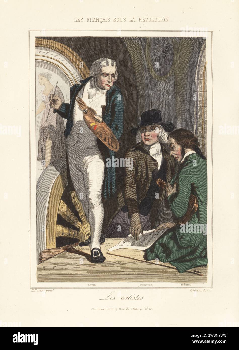 Painter Jacques-Louis David with easel and paint brushess, poet and dramatist Marie-Joseph Chenier pointing to music score, composer Etienne Mehul with violin. Les Artistes. Handcoloured steel engraving by Leopold Massard after an illustration by Henri Baron from Augustin Challamel and Wilhelm Tenint’s Les Francais sous la Revolution, The French under the Revolution, Challamel, Paris, 1843. Stock Photo
