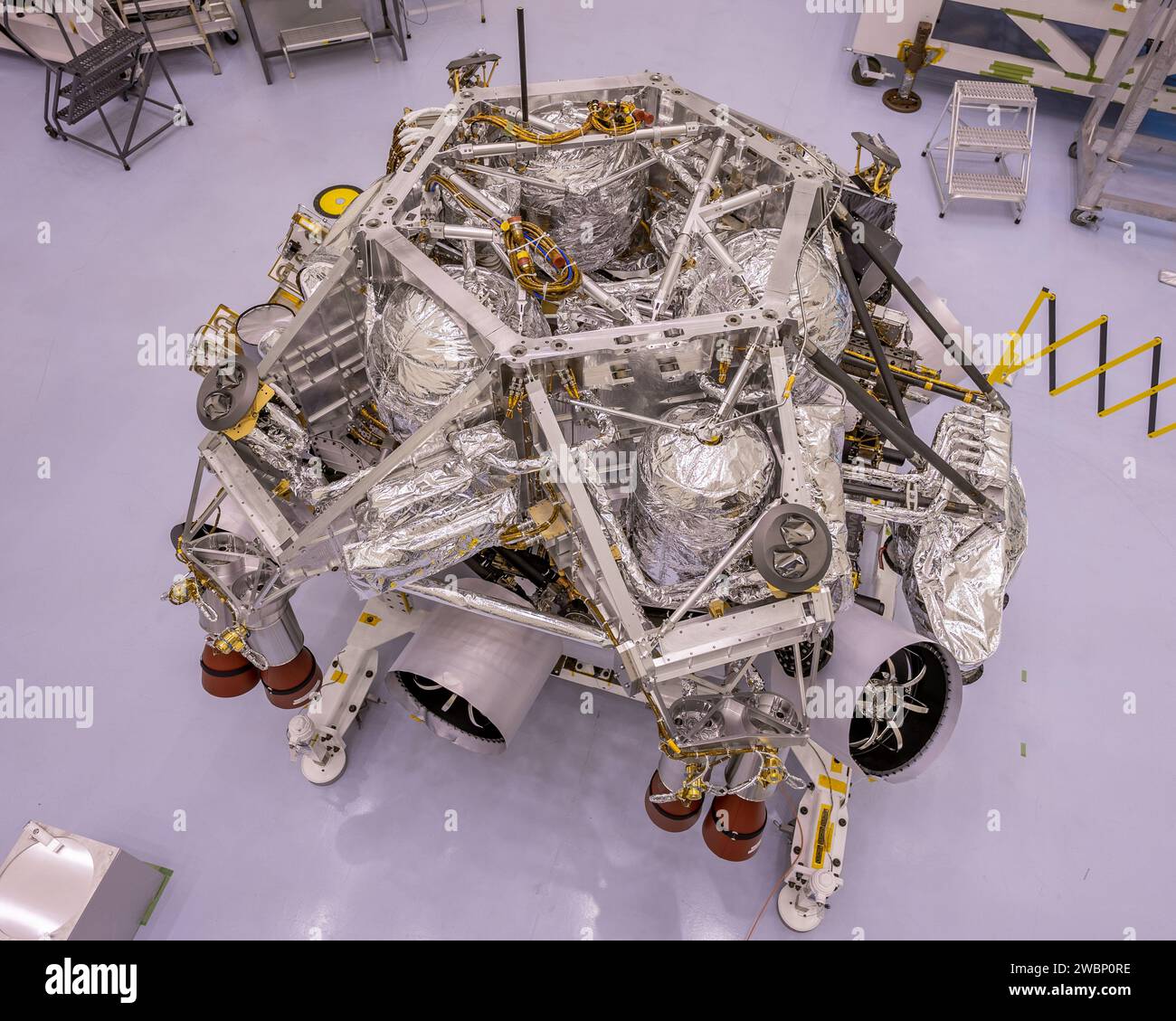The powered descent vehicle for the Mars Perseverance rover is stacked inside the Payload Hazardous Servicing Facility at NASA’s Kennedy Space Center in Florida on April 28, 2020. The rover and descent stage were the first spacecraft components to come together for launch — and they will be the last to separate when the spacecraft reaches Mars on Feb. 18, 2021. Launch, aboard a United Launch Alliance Atlas V 541 rocket, is targeted for summer 2020 from Cape Canaveral Air Force Station. NASA’s Launch Services Program based at Kennedy is managing the launch. Stock Photo