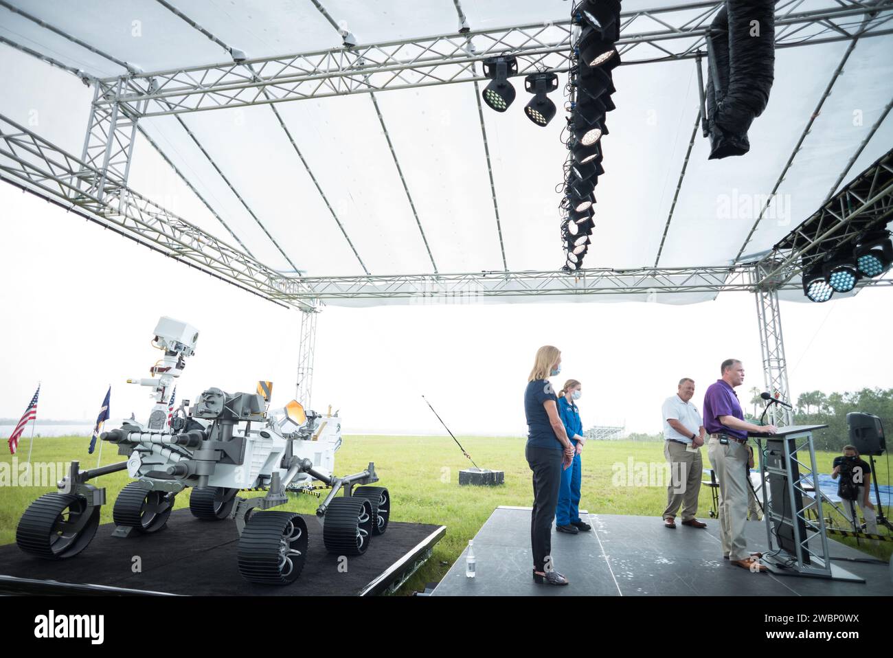 A full-size model of NASA’s Mars 2020 Perseverance rover is seen during a press conference with Kennedy Space Center Deputy Director Janet Petro, left, NASA astronaut Zena Cardman, second from left, NASA Deputy Administrator Jim Morhard, second from right, and NASA Administrator Jim Bridenstine, right, ahead of the launch of NASA’s Mars 2020 Perseverance rover, Wednesday, July 29, 2020, at NASA’s Kennedy Space Center in Florida. The Perseverance rover is part of NASA’s Mars Exploration Program, a long-term effort of robotic exploration of the Red Planet. Launch is scheduled for Thursday, July Stock Photo