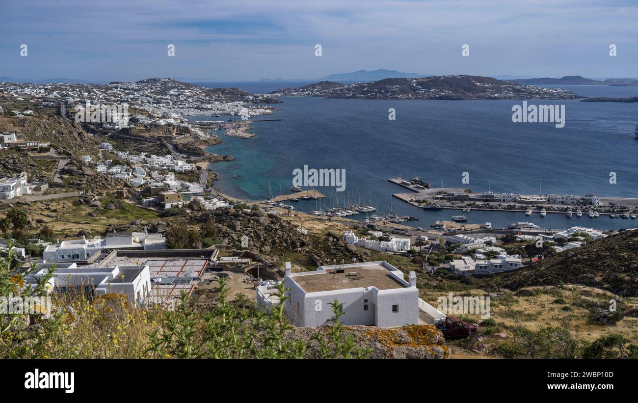 Scenic view of Mykonos Island coastline on Agean Sea Stock Photo