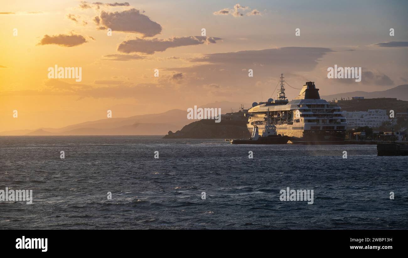 Cruise ship at Mykonos Port, Mykonos Island, Greece Stock Photo