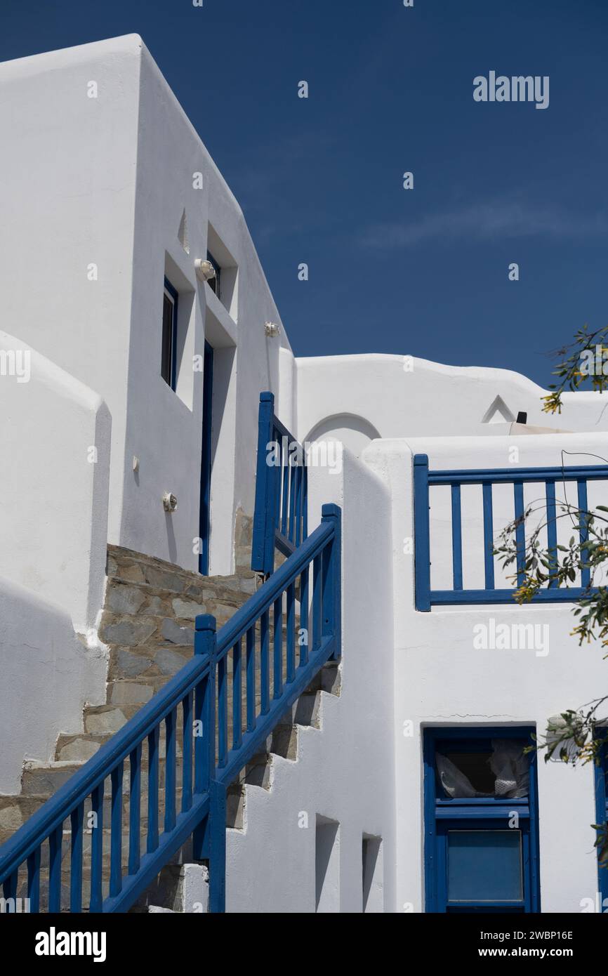 Stairway alongside a white building Ano Mera, Mykonos, Greece Stock Photo