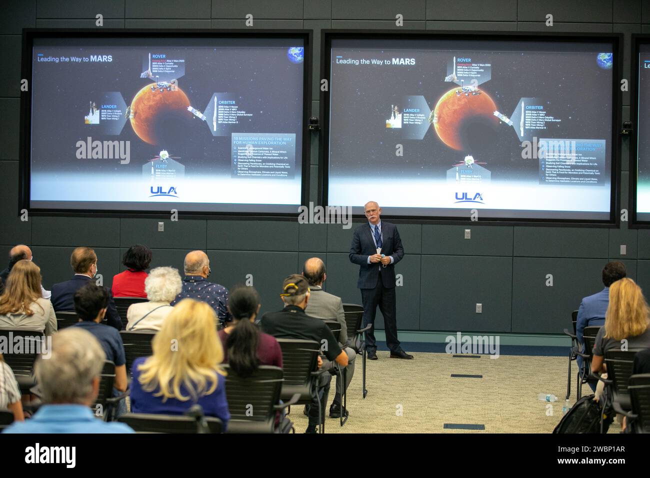 Tory Bruno, president and CEO of United Launch Alliance, participates in a Mars 2020 VIP briefing at the Operations and Support Building II at NASA’s Kennedy Space Center in Florida on July 30, 2020, before launch of the Mars Perseverance rover and Ingenuity helicopter on a United Launch Alliance Atlas V 541 rocket from Space Launch Complex 41 at nearby Cape Canaveral Air Force Station. Liftoff occurred at 7:50 a.m. The rover is part of NASA’s Mars Exploration Program, a long-term effort of robotic exploration of the Red Planet. The rover will search for habitable conditions in the ancient pas Stock Photo