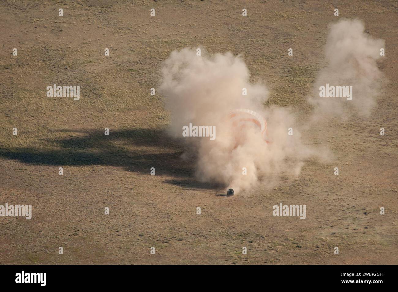 The Soyuz TMA-20 spacecraft is seen as it lands with Expedition 27 Commander Dmitry Kondratyev and Flight Engineers Paolo Nespoli and Cady Coleman in a remote area southeast of the town of Zhezkazgan, Kazakhstan, on Tuesday, May 24, 2011.   NASA Astronaut Coleman, Russian Cosmonaut Kondratyev and Italian Astronaut Nespoli are returning from more than five months onboard the International Space Station where they served as members of the Expedition 26 and 27 crews. Stock Photo
