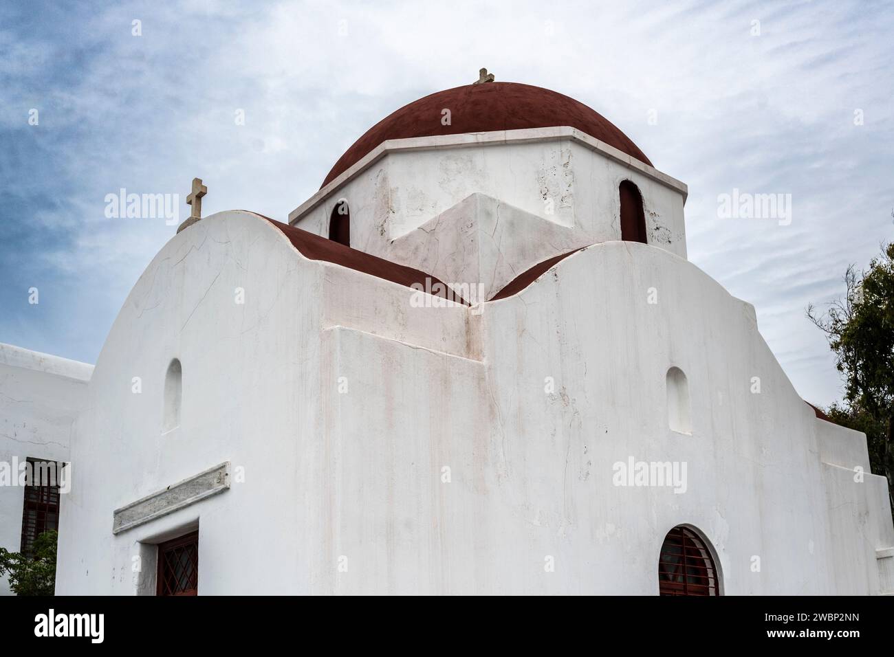 Exterior white walls of a church in Mykonos Greece Stock Photo