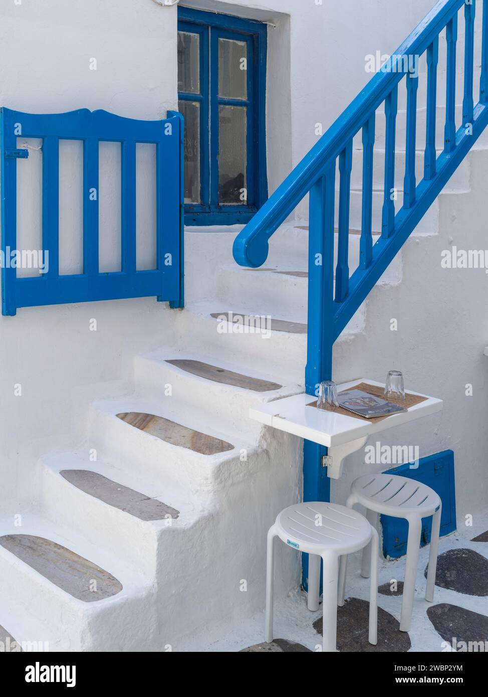 Exterior staircase outside a building in Mykonos town, Mykonos Island, Greece Stock Photo