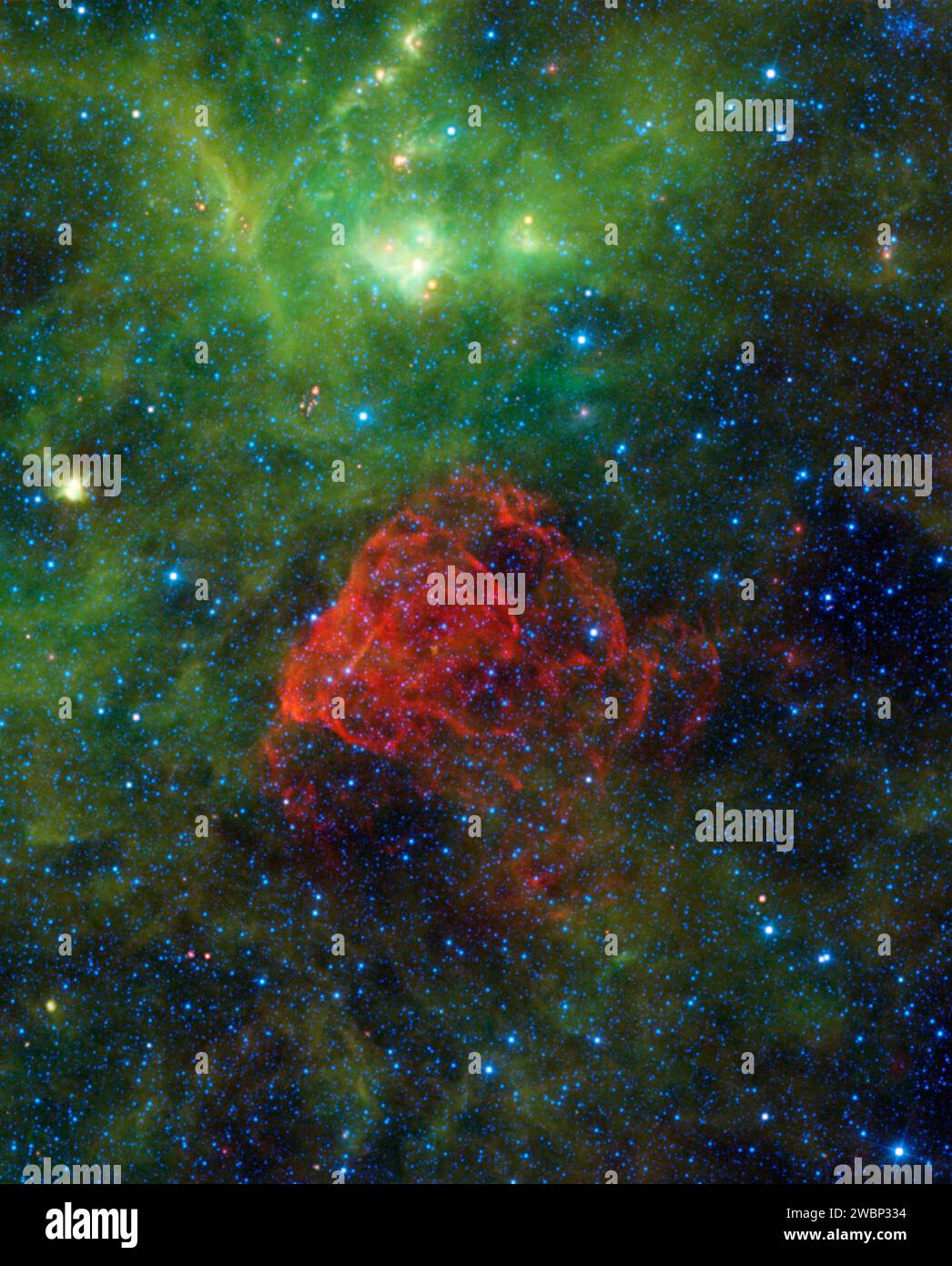 Seen as a red dusty cloud in this image from NASA's Wide-field Infrared Survey Explorer, Puppis A is the remnant of a supernova explosion. Stock Photo