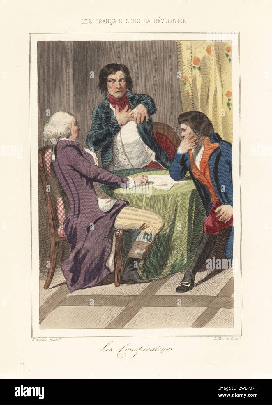 Royalist conspirators during the French Revolution. Three pro-monarchist insurgents seated at a table. Anti-revolutionary activists joined the Club Monarchique, des Poignards (Daggers), Baron de Batz, etc. to foment insurrection. Les Conspirateurs. Handcoloured steel engraving by Leopold Massard after an illustration by Henri Baron from Augustin Challamel and Wilhelm Tenint’s Les Francais sous la Revolution, The French under the Revolution, Challamel, Paris, 1843. Stock Photo