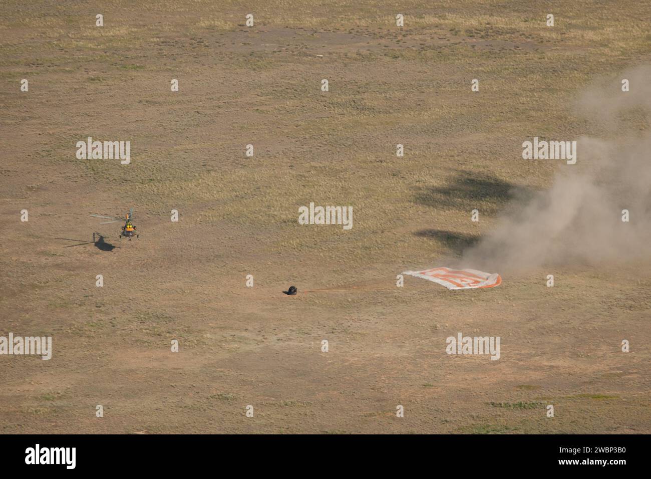 The Soyuz TMA-20 spacecraft is seen as it lands with Expedition 27 Commander Dmitry Kondratyev and Flight Engineers Paolo Nespoli and Cady Coleman in a remote area southeast of the town of Zhezkazgan, Kazakhstan, on Tuesday, May 24, 2011.   NASA Astronaut Coleman, Russian Cosmonaut Kondratyev and Italian Astronaut Nespoli are returning from more than five months onboard the International Space Station where they served as members of the Expedition 26 and 27 crews. Stock Photo