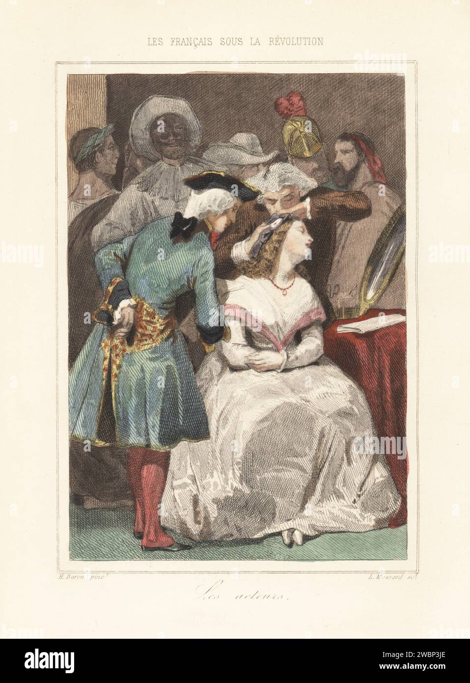 Actors in costume during the French Revolution. An actress has a tricolor cockade fixed in her hair, surrounded by a gentleman, Pierrot, soldier and Roman in laurel crown. Actors were radicalized by Jospeh Chenier's anti-monarchist Charles IX in 1789. Les acteurs. Handcoloured steel engraving by Leopold Massard after an illustration by Henri Baron from Augustin Challamel and Wilhelm Tenint’s Les Francais sous la Revolution, The French under the Revolution, Challamel, Paris, 1843. Stock Photo