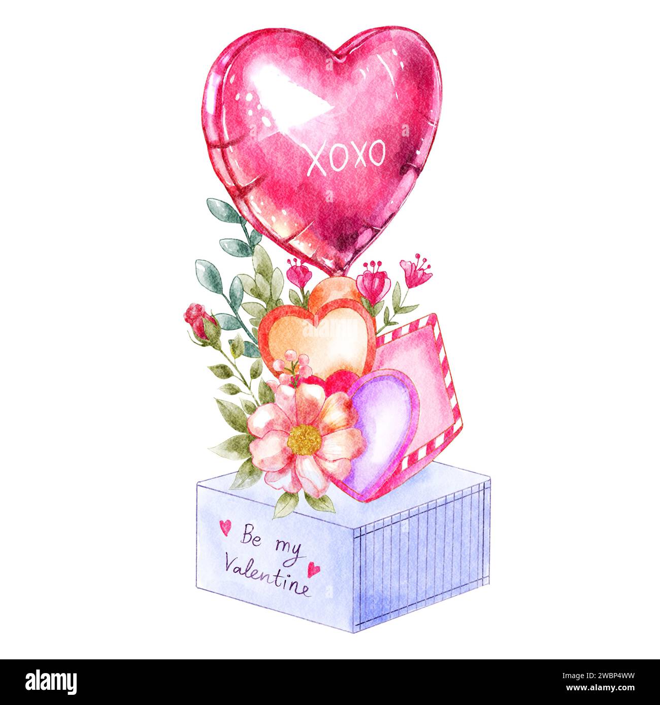 Heart shape balloon and flower decorated on gift box . Watercolor painting design . Valentine day concept . Isolated white background . Illustration . Stock Photo