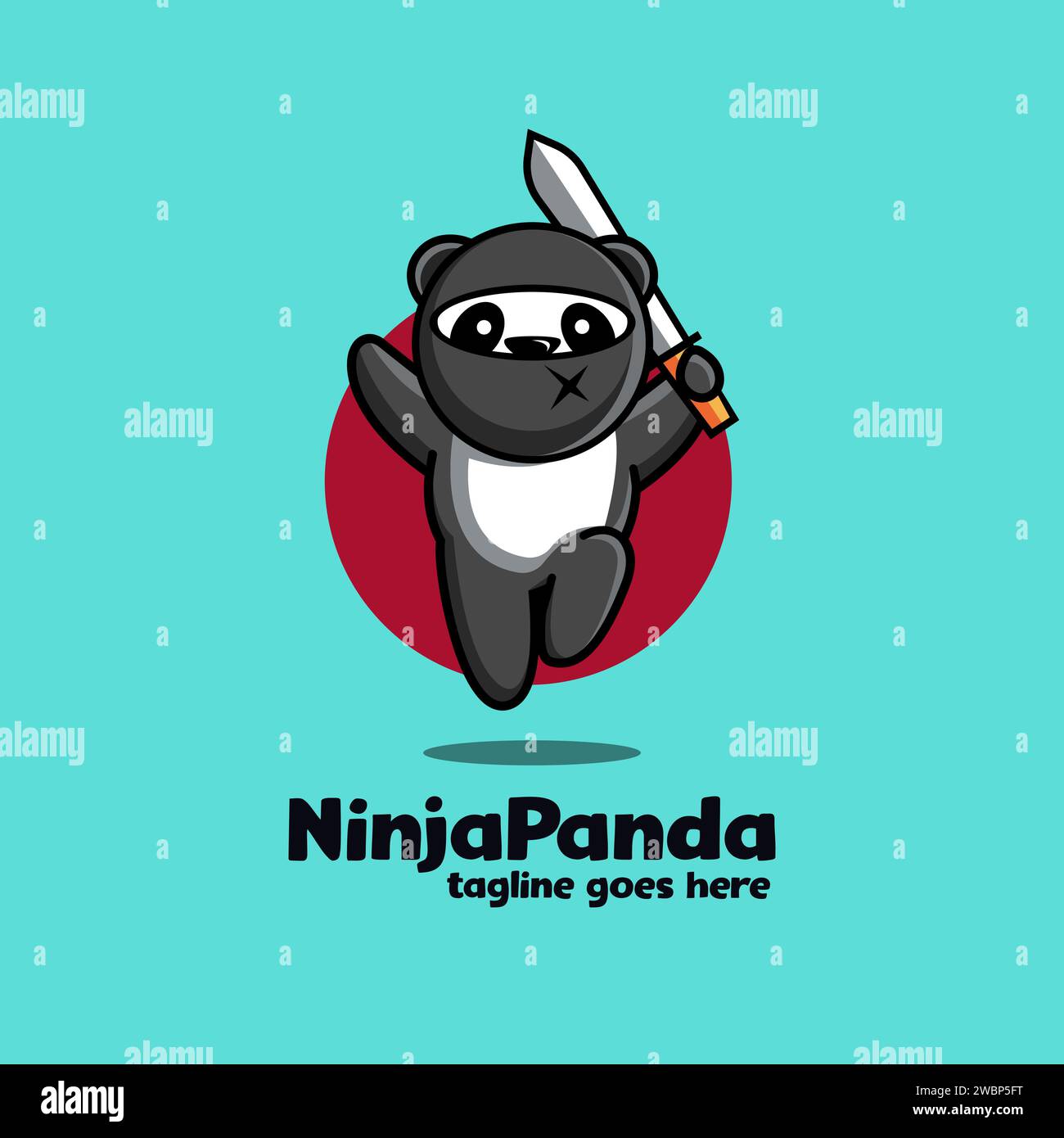 Fun playful jumping Ninja panda mascot cartoon logo icon vector