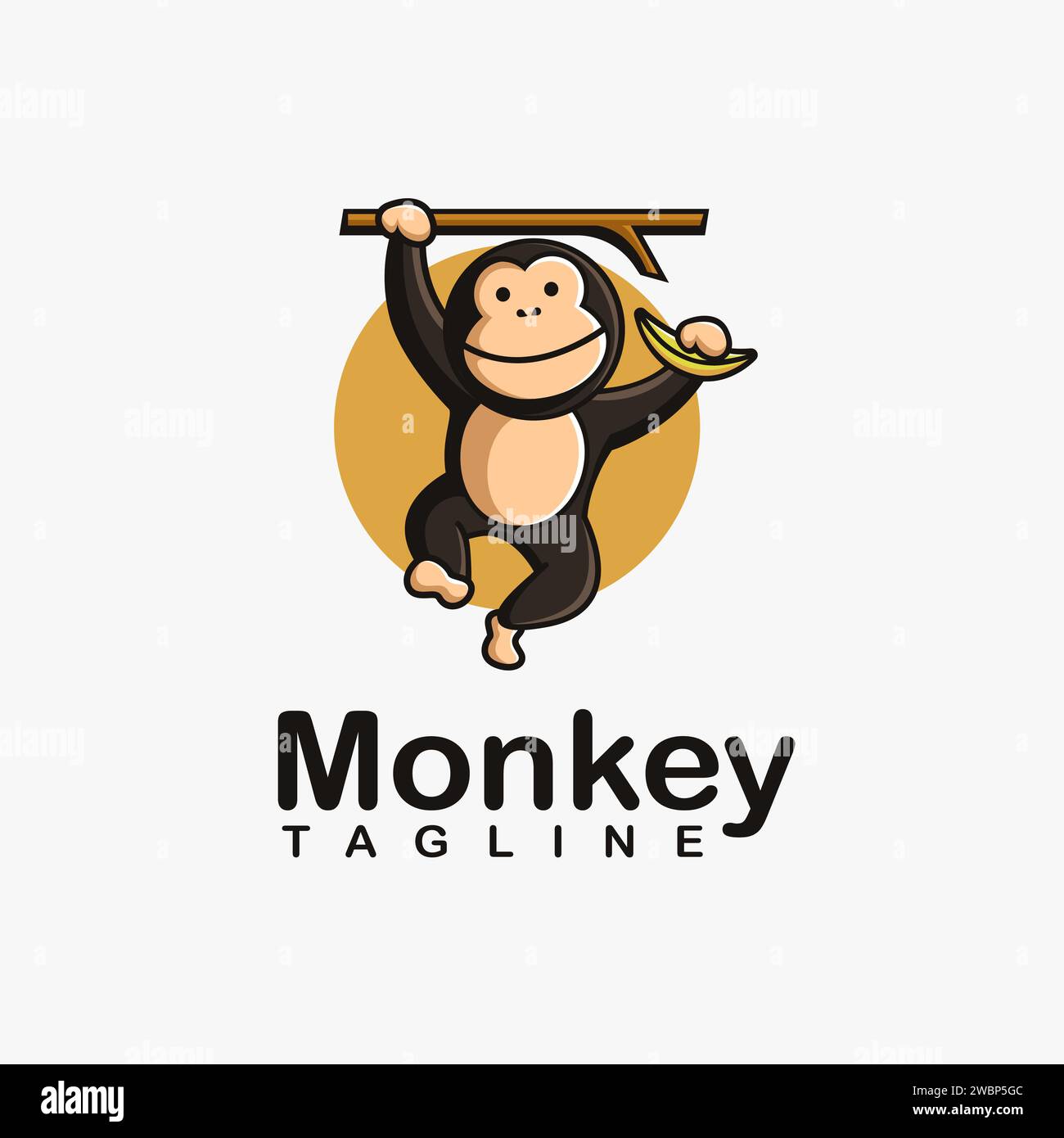 Fun playful swing monkey holding banana logo vector icon mascot cartoon