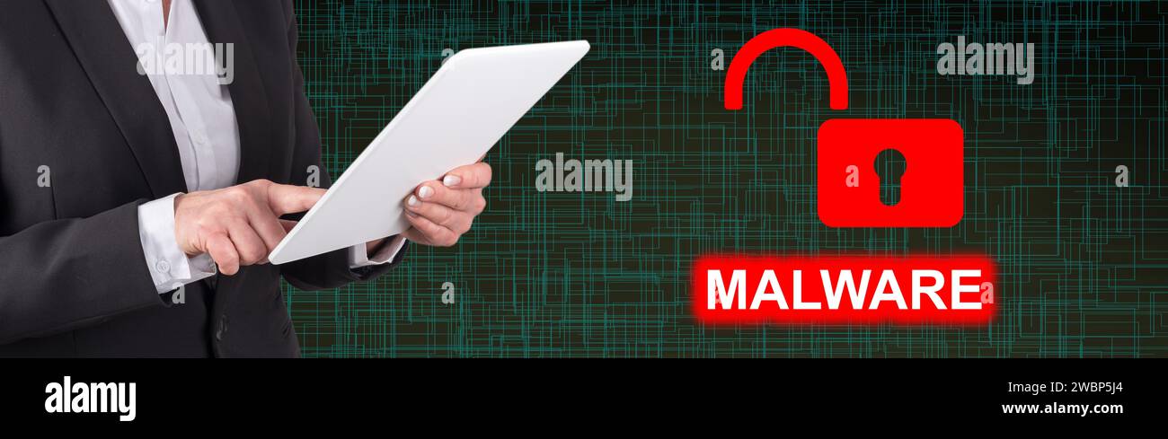 Woman using digital tablet with malware concept on background Stock Photo