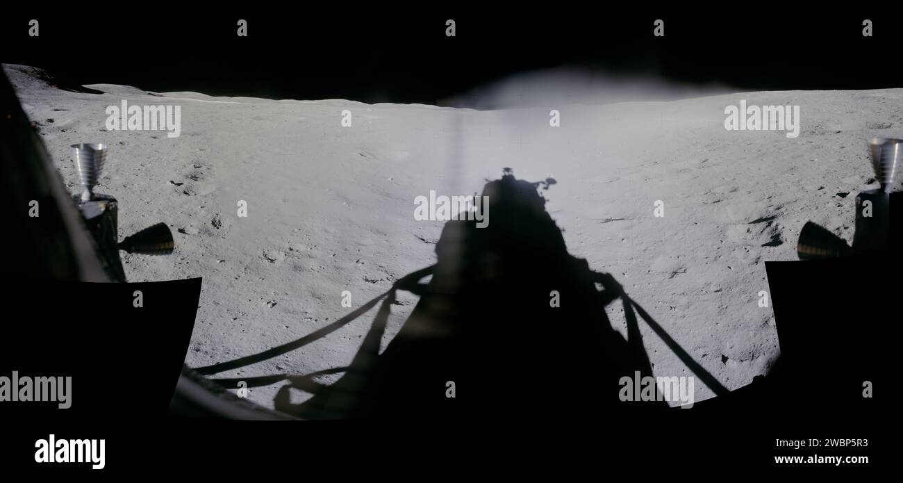 jsc2012e052597 - Panorama view from the Apollo 16 Lunar Module (LM) window taken on-orbit during Revolution 16 of the mission. The panoramas were built by combining Apollo 16 images starting with frame AS16-113-18297 thru end frame AS16-113-18307. The panoramic images received minimal retouching by NASA imagery specialists, including the removal of lens flares that were problematic in stitching together the individual frames and blacking out the sky to the lunar horizon. These adjustments were made based on observations of the Moon walkers who reported that there are no stars visible in the sk Stock Photo