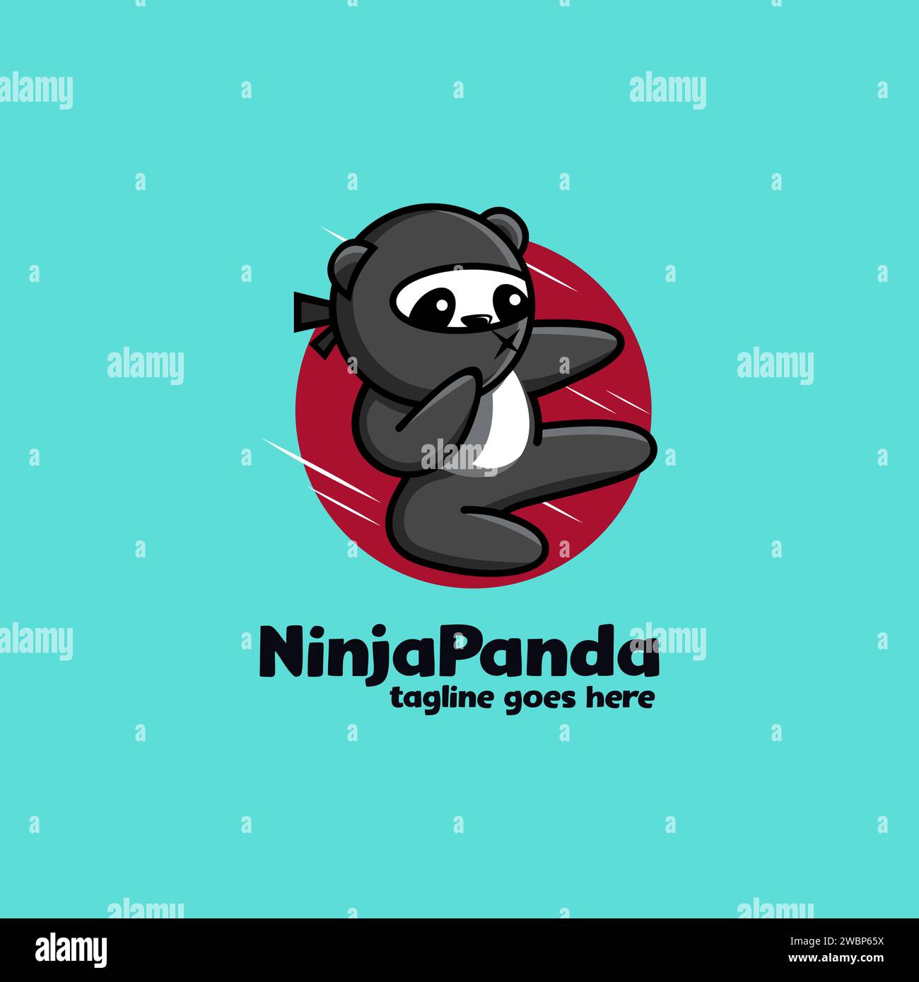 Fun playful Ninja panda kicking mascot cartoon logo icon vector