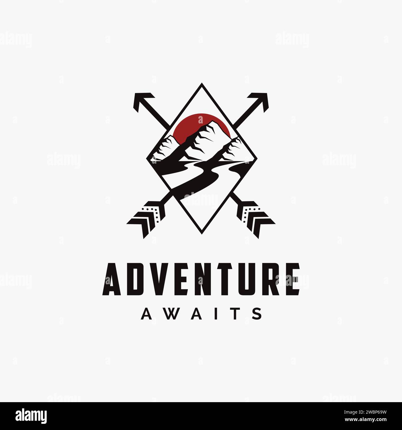 Outdoor adventure travel badge logo with sun, mountains and rivers