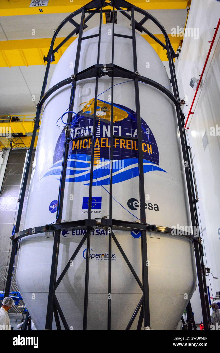 The U.S.-European Sentinel-6 Michael Freilich ocean-monitoring satellite, secured inside the SpaceX Falcon 9 rocket’s payload fairing, is shown inside SpaceX’s Payload Processing Facility at Vandenberg Air Force Base (VAFB) in California following encapsulation on Nov. 3, 2020. Sentinel-6 is scheduled to launch on Nov. 21, 2020, at 12:17 p.m. EST (9:17 a.m. PST), from Space Launch Complex 4E at VAFB. The Launch Services Program at NASA’s Kennedy Space Center in Florida is responsible for launch management. Stock Photo